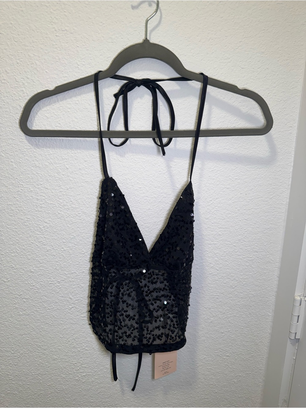SHEIN Black Sequin Halter Crop Camisole
